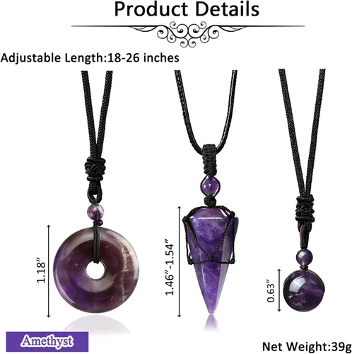 Miniatura 5 de Jovivi Juego de 3 collares de piedra de cristal curativo para hombres y mujeres, amatista natural, obsidiana negra, ojo de tigre, piedras preciosas