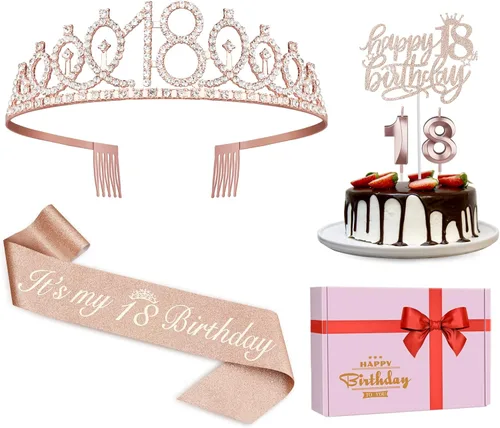 Miniatura 43 de Decoraciones de cumpleaños de 24 años para mujeres, incluyendo banda de cumpleaños, tiara/corona, velas numéricas y decoración de pastel, regalos