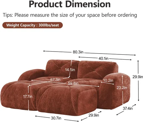 Miniatura 2 de Sofá modular de 80.3 pulgadas para sala de estar, moderno sofá sin hueso de terciopelo con 2 otomanas, no requiere montaje, cómodo sofá sin hueso