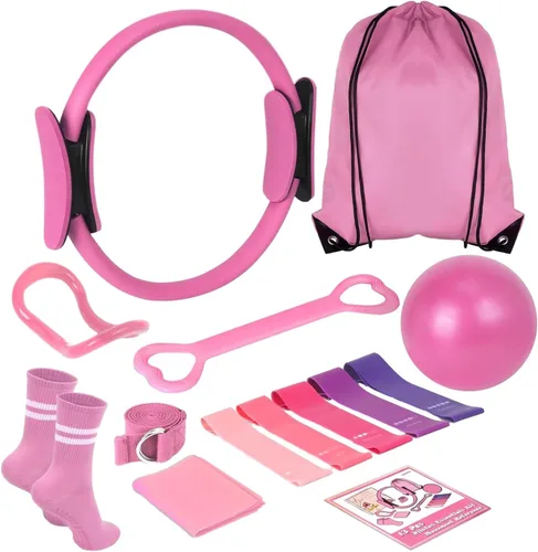 Kit esencial de pilates para mujer, kit de pilates para el hogar con bola de 9.8 pulgadas, bandas de resistencia, círculo mágico, accesorios, juego