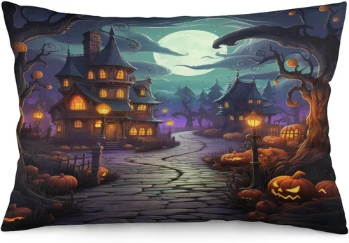Miniatura 10 de Fundas de almohada frescas de casa embrujada, castillo, luna, bosque medieval, calabaza, fundas de almohada rectangulares con cremallera invisible