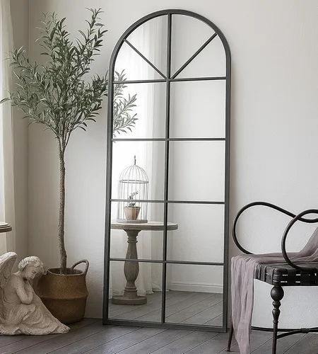 Miniatura 23 de Espejo de longitud completa, 56x22", espejo grande arqueado, espejos de cuerpo completo de panel de ventana negro para pared, espejos de pie