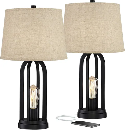 Miniatura 2 de 360 Lighting Marcel - Juego de 2 lámparas de mesa industriales modernas de 24.25 pulgadas de alto con puerto de carga USB y luz nocturna LED de tela