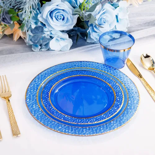 Miniatura 4 de Nervure 150 platos de plástico azul transparente, platos de fiesta dorados, juego de vajilla azul y dorado incluye: 50 platos desechables, 25 tazas