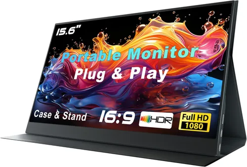 Monitor portátil para laptop, 15.6 pulgadas 1080P FHD monitor portátil segunda pantalla extensor con USB C HDMI cubierta altavoz para computadora