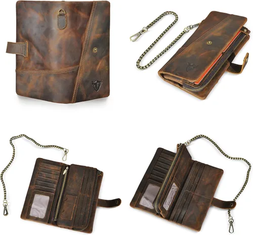 Miniatura 37 de Genuino Caballo Loco Cuero Regalo de Viaje Moneda Bolsillo Tarjetero Organizador Largo Cadena Rfid Cartera Monedero Con Broche Para Hombres Hombres