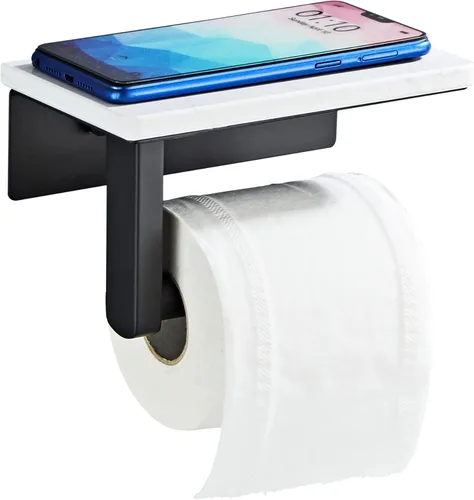 Soporte de papel higiénico negro mate con estante, tornillo de acero inoxidable 304 montado en la pared, soporte de rollo de papel de mármol con