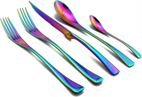 Miniatura 7 de Juego de cubiertos de arco iris colorido de 5 piezas, juego de cuchillos de cena de acero inoxidable 18/10, pulido de espejo, servicio para 1