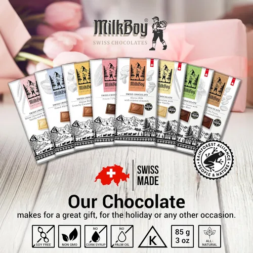 Miniatura 7 de Milkboy Swiss Extra Dark Chocolates - 85% cacao, fabricado en Suiza, sin lácteos, vegano, sin gluten, sin OMG, kosher, de cultivo sostenible