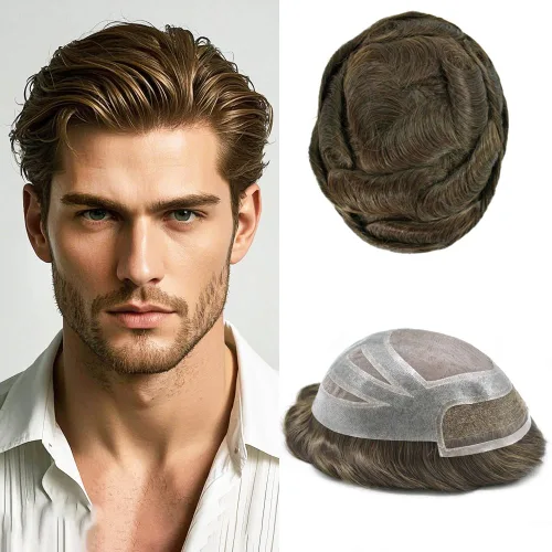 Miniatura 28 de Sistema de repuesto de piezas de cabello humano tipo tupé para hombre, transpirable, encaje francés, peluca para hombre, peluca de piel de #1B Negro