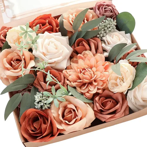 Miniatura 32 de Floroom - Flores artificiales de aspecto real en color lila, lavanda, púrpura y crema, rosas falsas, dalias y vegetación en conjunto de caja