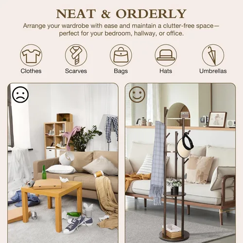Miniatura 5 de Perchero de madera con 3 estantes y 9 ganchos, perchero giratorio independiente para entrada, dormitorio, sala de estar, pasillo, capacidad