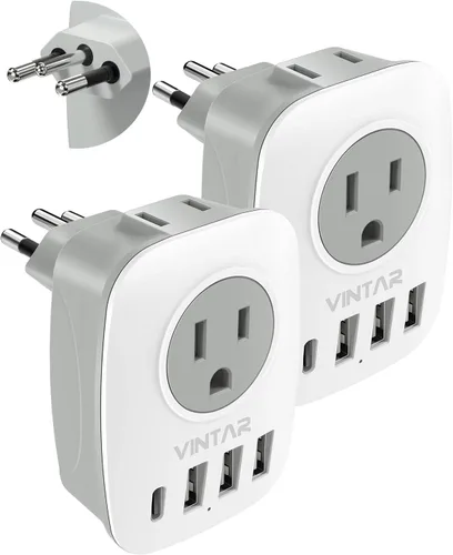 Miniatura 11 de Paquete de 2 adaptadores de enchufe de viaje europeo, VINTAR Adaptador de enchufe de alimentación internacional con 1 USB C, 2 salidas americanas