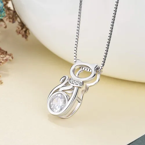 Miniatura 6 de AOBOCO Collar con colgante de gato de plata de ley con cristal de piedra natal, delicados regalos de joyería para los amantes de los gatos