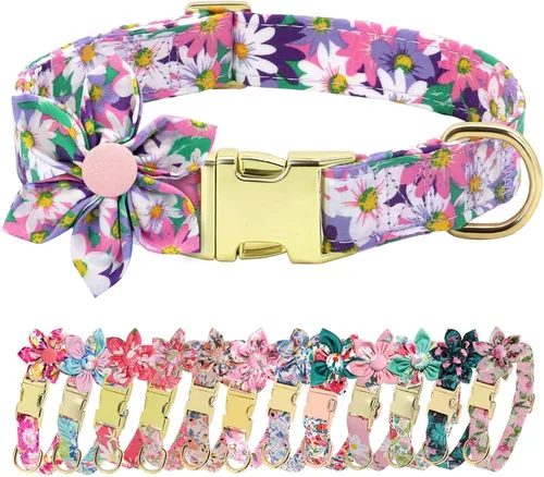 Miniatura 16 de Collares de perro femeninos Beirui con patrones florales vibrantes, collar de perro hembra con flor para caminar, collar ajustable duradero