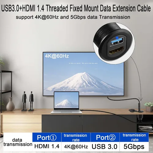 Miniatura 3 de QIANRENON USB3.0 y HDMI - Cable impermeable para automóvil, USB3.0+HDMI 1.4 roscado, cable de extensión de datos de montaje fijo, luz LED, carcasa