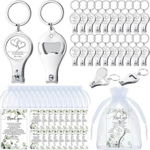 Fulmoon Abrebotellas multifunción para boda, cortaúñas, recuerdos de boda, tarjetas de cervecería, bolsas de organza blanca para suministros de