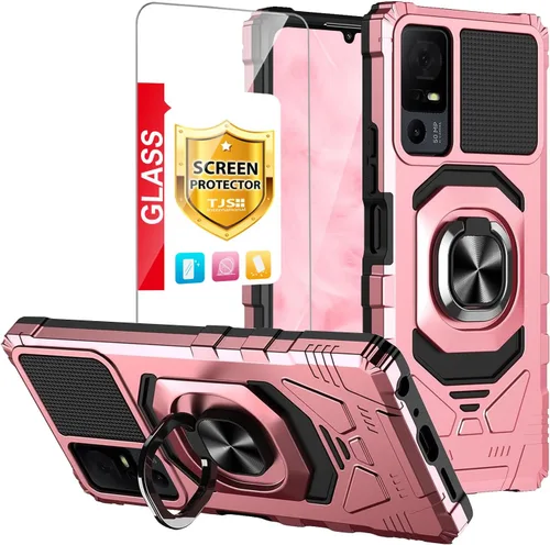Miniatura 10 de TJS Funda para TCL 40 XL y T608DL, Lively Jitterbug Smart4 - Protector de pantalla de vidrio templado, soporte de metal resistente contra caídas Rojo