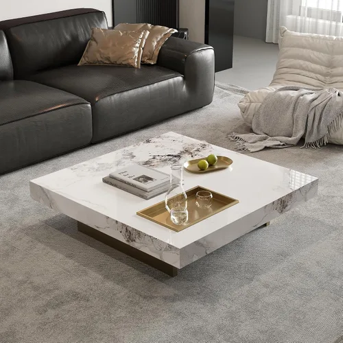 Miniatura 9 de Mesa auxiliar rectangular de mármol de 51.18 pulgadas, parte superior de piedra sinterizada gris moderna con base de metal negro, mesa central