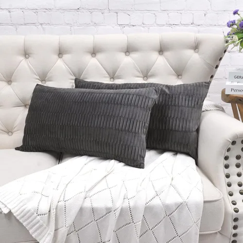 Miniatura 29 de Juego de 2 fundas de almohada decorativas de terciopelo a rayas plisadas de 14 x 26 pulgadas, funda de cojín rectangular suave y elegante para sofá