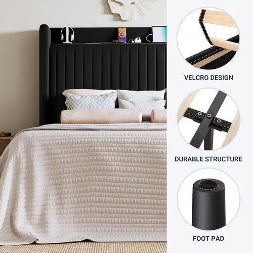 Miniatura 8 de Allewie Base de cama de plataforma de tamaño completo con estación de carga USB y estante de almacenamiento/Cabecera tapizada de terciopelo