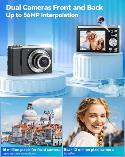 Miniatura 4 de Cámara digital, cámaras 5K 56MP para enfoque automático de fotografía, cámara compacta de vlogging con cámara frontal y trasera, zoom óptico 10X