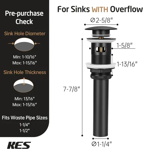 Miniatura 5 de KES Desagüe para lavabo con rebosadero, tapón emergente negro mate, paquete de 2 unidades para lavabo de tocador, tapón de drenaje de metal total