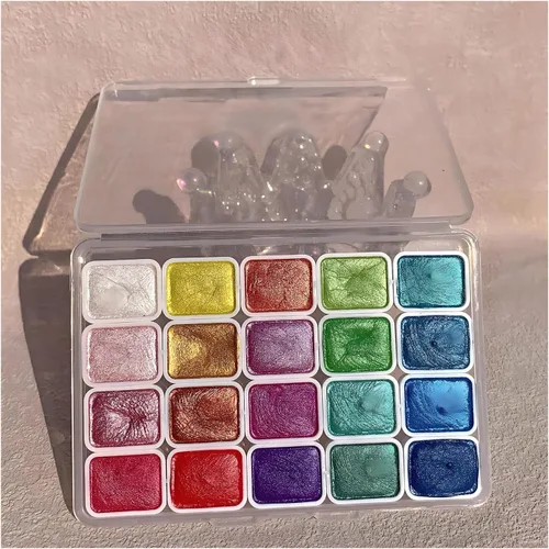 Juego de pintura de acuarela metálica de 20 colores con purpurina, modelo metálico nacarado sólido, kit de arte de viaje para pintar sobre la marcha
