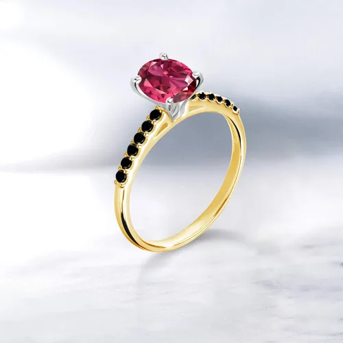 Miniatura 4 de Gem Stone King 058 Ct Pink Tourmaline AAA Black Diamond Anillo de oro amarillo de 10 K con puntas de oro blanco