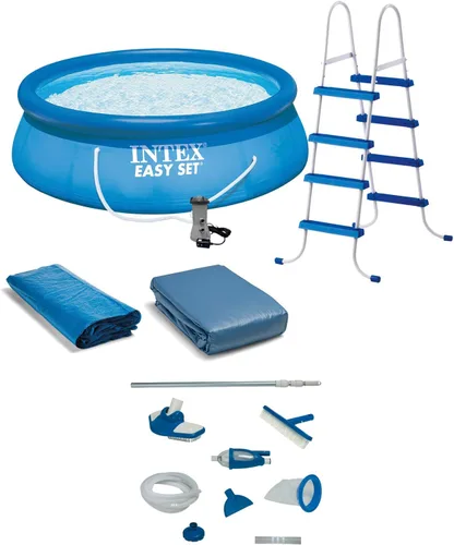 Intex Juego de piscina inflable redonda de 15 x 48 pulgadas para exteriores con escalera, bomba de filtro y kit de limpieza de piscina de
