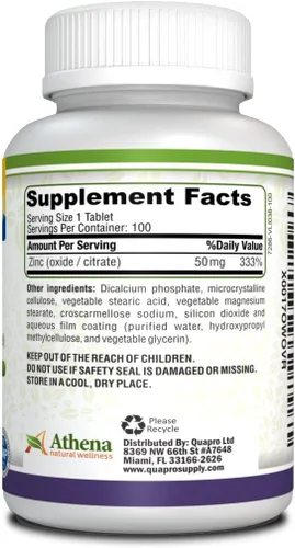 Miniatura 2 de Athena - Suplemento de zinc comprimidos 50mg - Óxido/Citrato - 100 comprimidos recubiertos