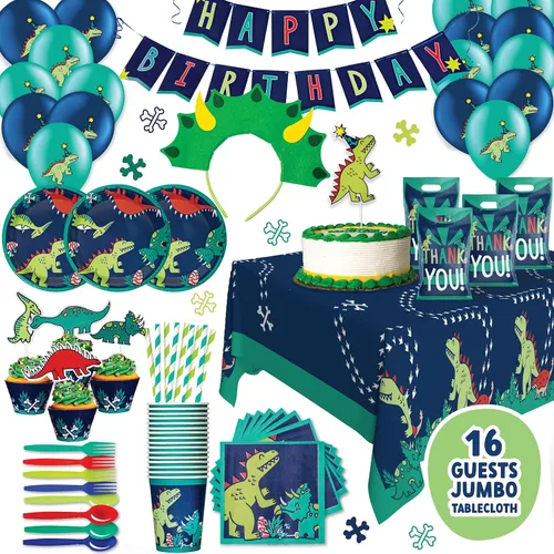 ecoZen - Decoraciones de fiesta de cumpleaños de dinosaurios, suministros temáticos de Parque Jurásico para 16 invitados, incluye platos de