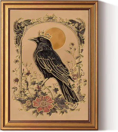 InSimSea Impresiones en Lienzo con Marco Dorado, Arte de Pared Decorativo en 3D en Estilo Vintage, Pinturas Místicas de Arte Popular con Cuervo Rey