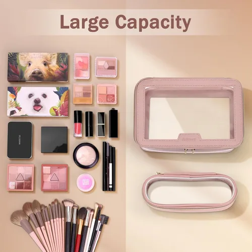 Miniatura 8 de Soimeat Bolsa de Maquillaje Transparente de Viaje con Bolsa de Brochas de Maquillaje, Estuche de Maquillaje de Cuero Bolsa de Tocador, Bolsa de Rosa