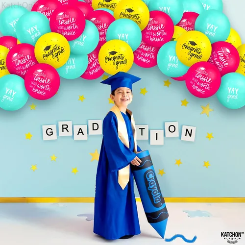 Miniatura 7 de KatchOn, Juego de globos de graduación azules, amarillos y rosados, 12 pulgadas, paquete de 75 Globos de graduación de felicitaciones, globo Yay