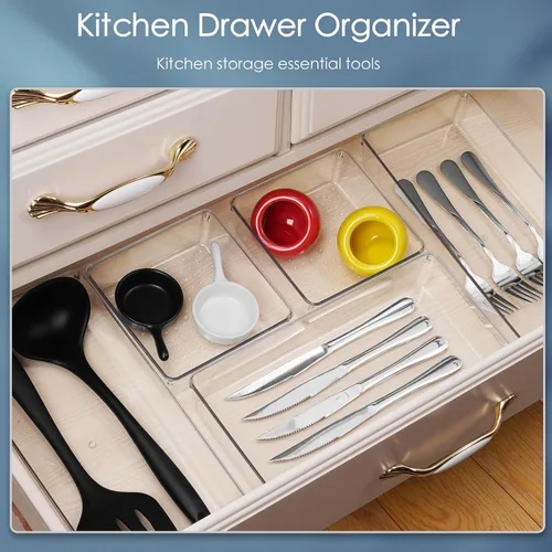 Miniatura 6 de Juego de 12 organizadores grandes de plástico transparente para cajones, organizador de baño acrílico, bandejas divisoras, organizadores de cocina