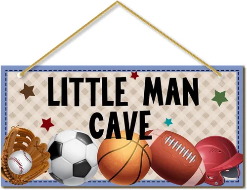 Little Man Cave, decoración de habitación deportiva para niños, letrero de madera para puerta de bebé, decoración de pared para habitación de bebé,