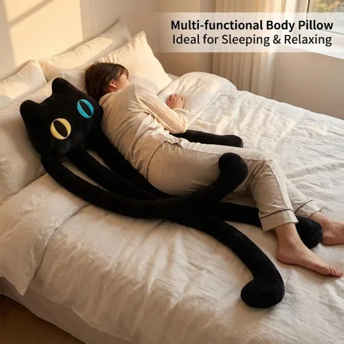 Miniatura 3 de vitegaw Almohada larga de felpa con diseño de gato negro de 39 pulgadas, lindos animales de peluche Kawaii suaves, juguetes de peluche grandes