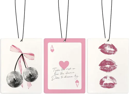 Miniatura 20 de Ambientador de coche Cute Coquette con lazo rosa, ambientador de bola de discoteca Preppy Y2K con tarjeta de acetato de cereza, ambientador colgante