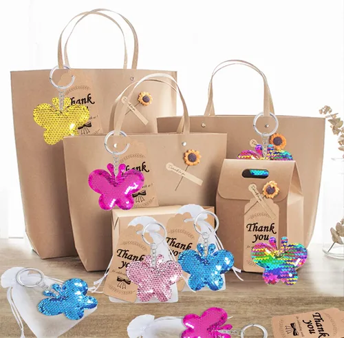 Miniatura 5 de CiciBear Paquete de 60 juegos de fiesta de lentejuelas grandes de doble cubierta con 20 llaveros, 20 etiquetas de agradecimiento y 20 bolsas