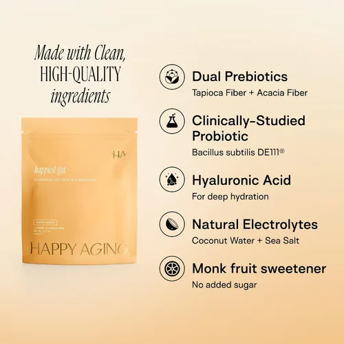 Miniatura 4 de Happy Aging Happiest - Polvo de hidratación intestinal - electrolitos + probióticos + prebióticos duales + ácido hialurónico - Equilibrio