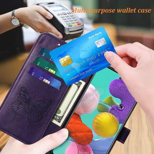 Miniatura 3 de Funda para Samsung Galaxy A51 con estampado floral en relieve, correa de muñeca, ranuras para tarjetero, funda protectora de cuero con soporte