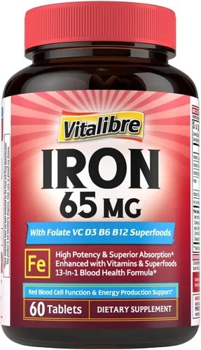 Vitalibre Suplemento de hierro para mujeres y hombres, 65 mg, sulfato ferroso, vitamina C, D3, B6, B12, folato, raíz de remolacha, espinacas,