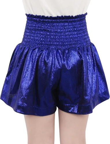 Miniatura 4 de MODAFANS Pantalones cortos metálicos para niñas, cintura alta, elásticos, brillantes, con lentejuelas brillantes, pantalones cortos con purpurina