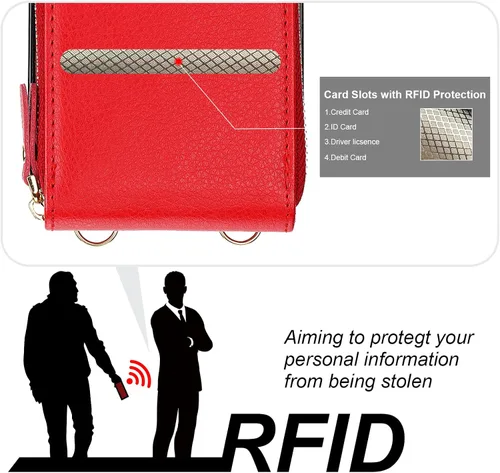 Miniatura 6 de KIHUWEY Funda tipo cartera cruzada para iPhone 15 Pro Max, funda con bolsillo con cremallera y soporte para tarjetas, funda protectora de piel Rojo