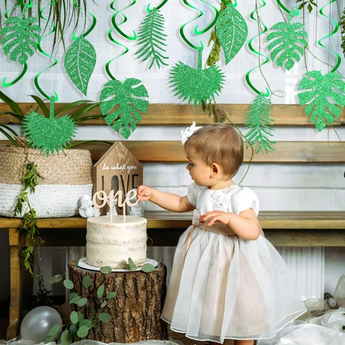 Miniatura 5 de 32 piezas hawaianas Luau para fiesta, hojas de palmera, remolinos, decoración colgante de techo, decoración verde, fiesta tropical para verano, baby