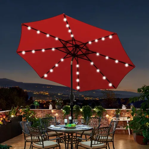 Miniatura 7 de Blissun - Sombrilla solar de 9 pies para exteriores, 32 luces LED, parasol ideal para patio, jardín, cubierta, piscina y playa (rojo)