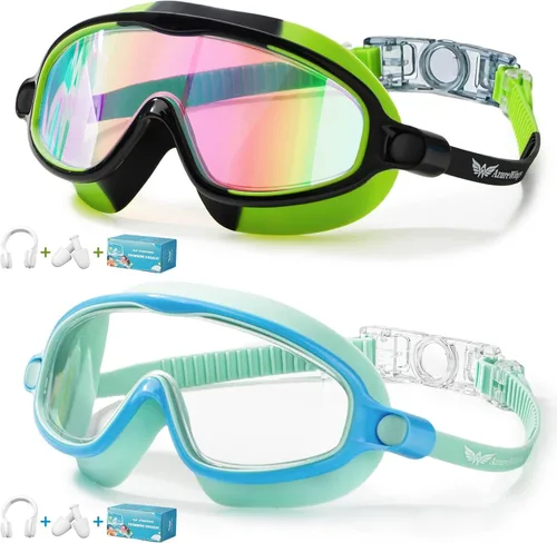 Miniatura 9 de Paquete de 2 gafas de natación para niños, sin fugas, antivaho, anti-UV, para niños y niñas de 4 a 14 años Espejo verde y espejo negro