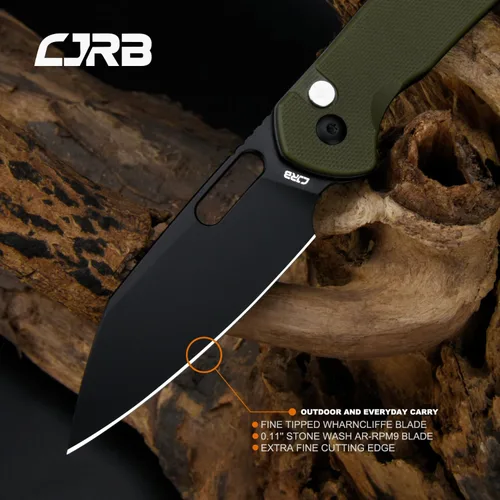 Miniatura 3 de CJRB Pyrite-Alt (J1925A) Cuchillo de bolsillo plegable con 3.11 pulgadas PVD negro AR-RPM9 Wharncliffe Blade Green G10, cuchillo EDC con bloqueo