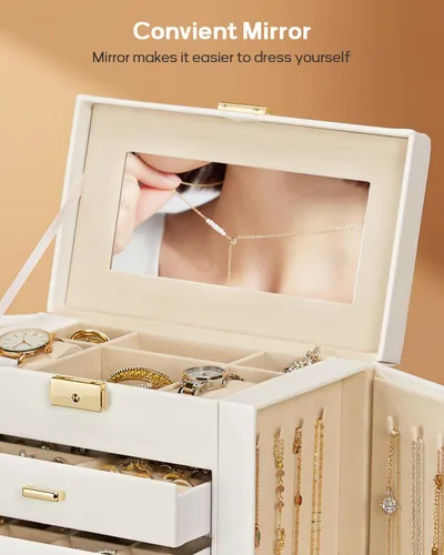 Miniatura 25 de Homde Regalos de Navidad de cuero sintético, enorme joyero, organizador de reloj con espejo, collar, anillo y aretes, estuche de regalo con Dorado